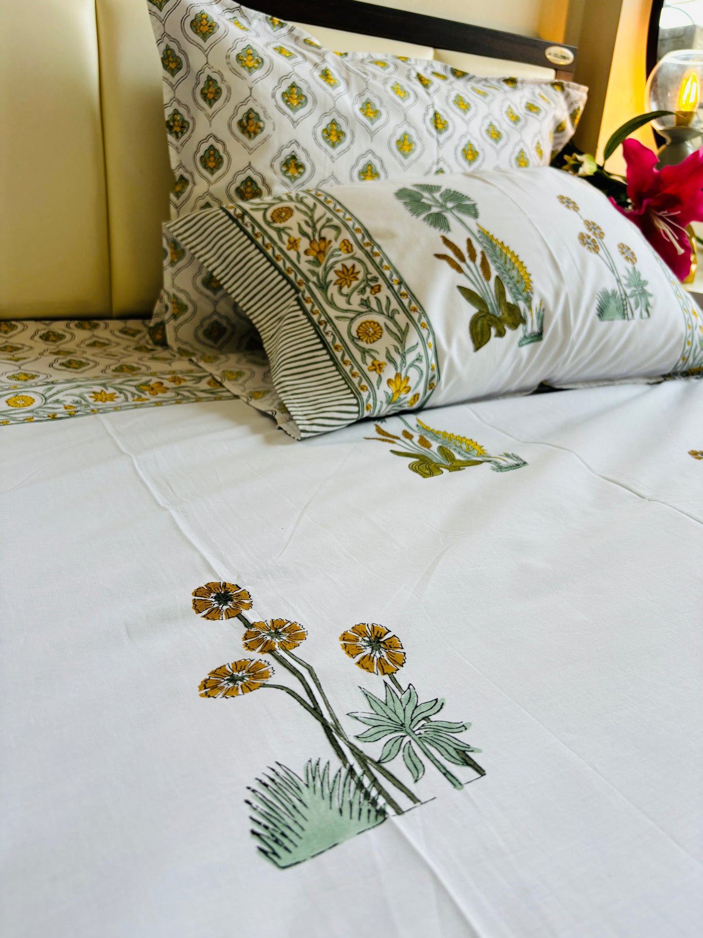 Dandelions Hand Block Printed Cotton Bedsheet