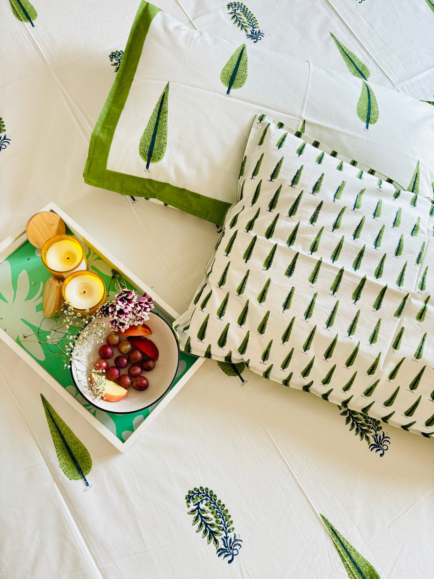 Greeen Cyprus Handblock Printed Cotton Bedsheet