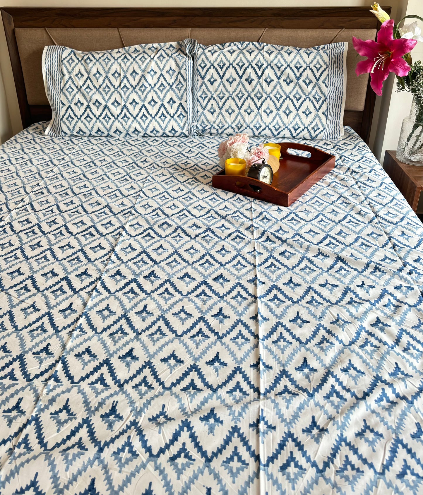 Blue Diamond Handblock Printed Cotton Bedsheet