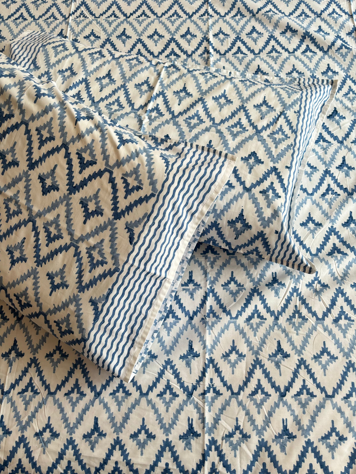 Blue Diamond Handblock Printed Cotton Bedsheet
