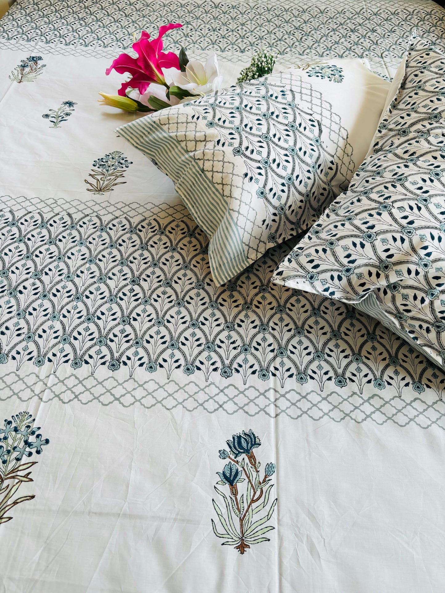 Water Lily Hand Block Printed Cotton Bedsheet