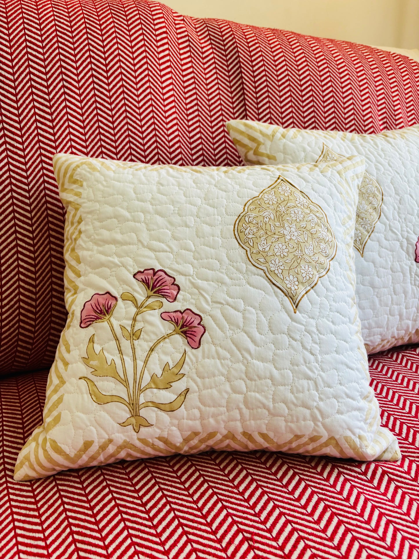 Handblock Printed Quilted Cushion Cover