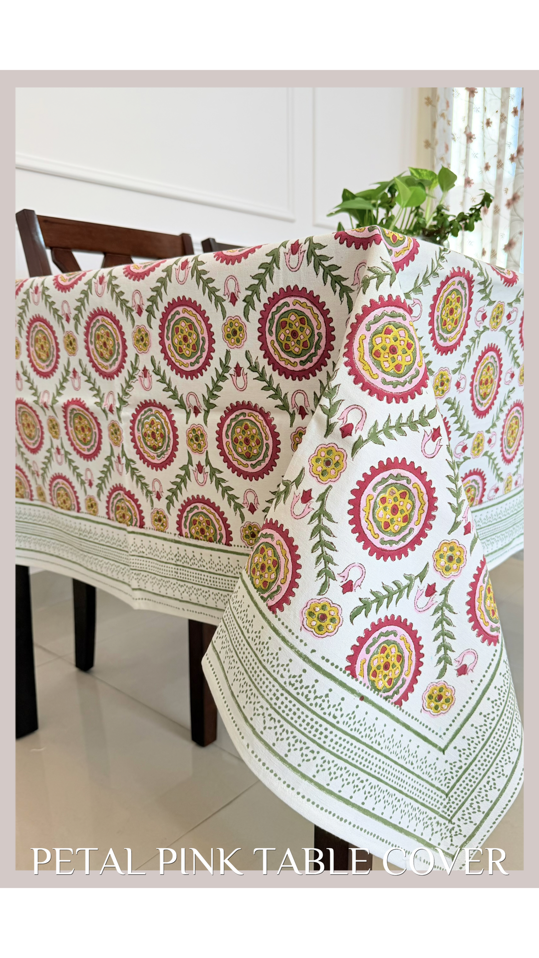 Petal Pink Handblock  Printed Table Cover (6 Seater)