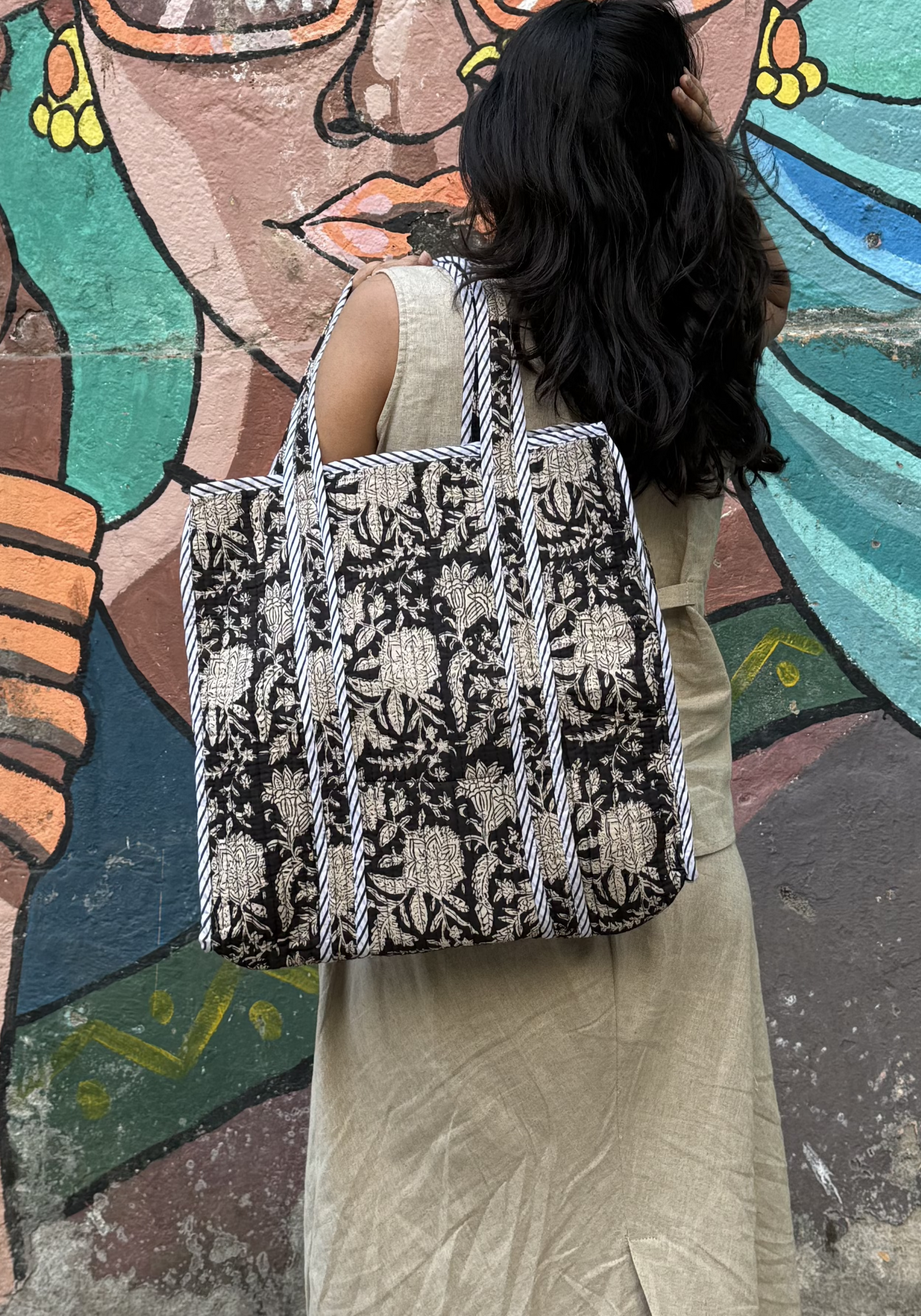 Black Rose 🖤- Hand block printed tote bag