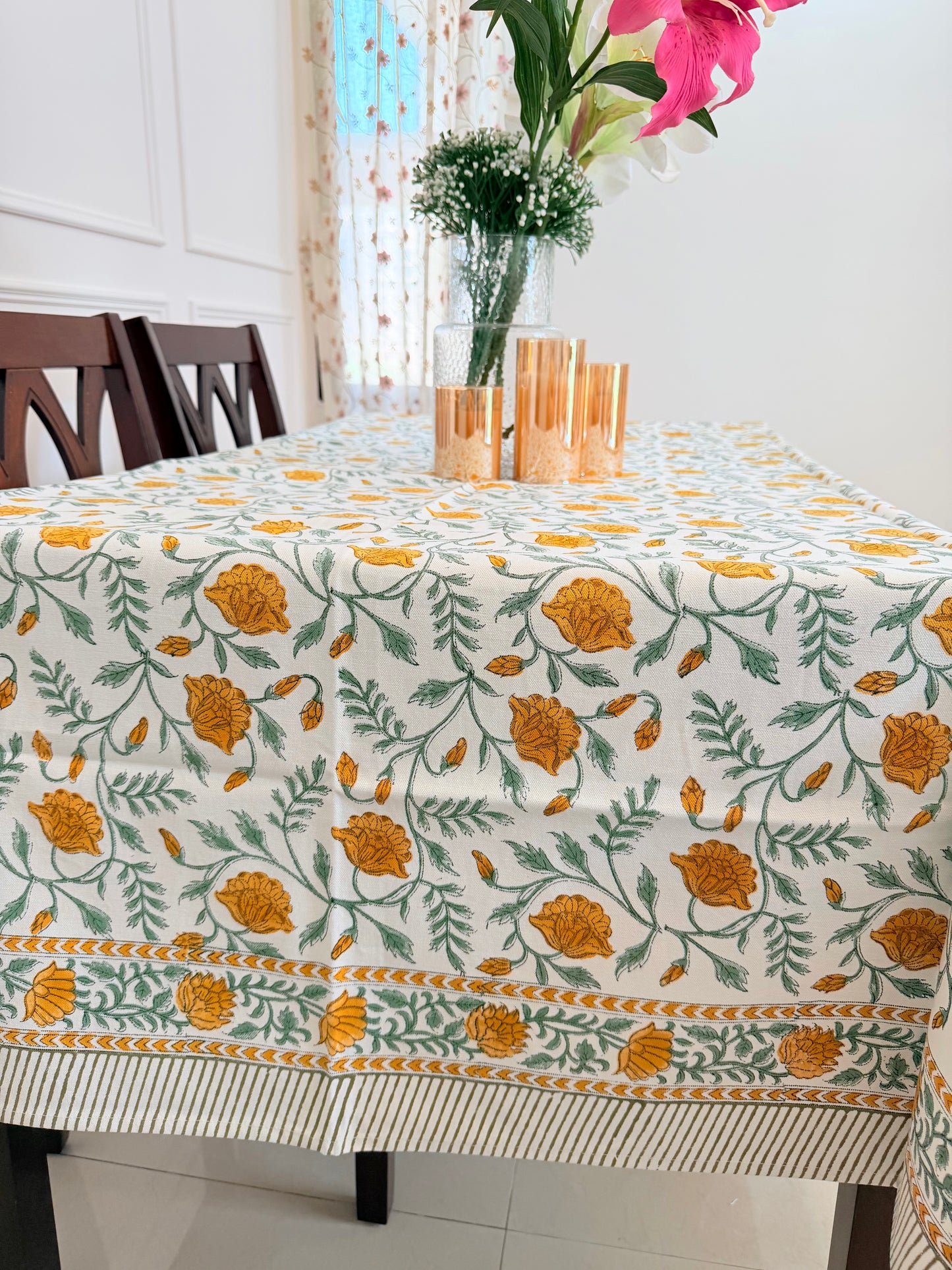 Yellow Daisy Handblock  Printed Table Cover (6 Seater)