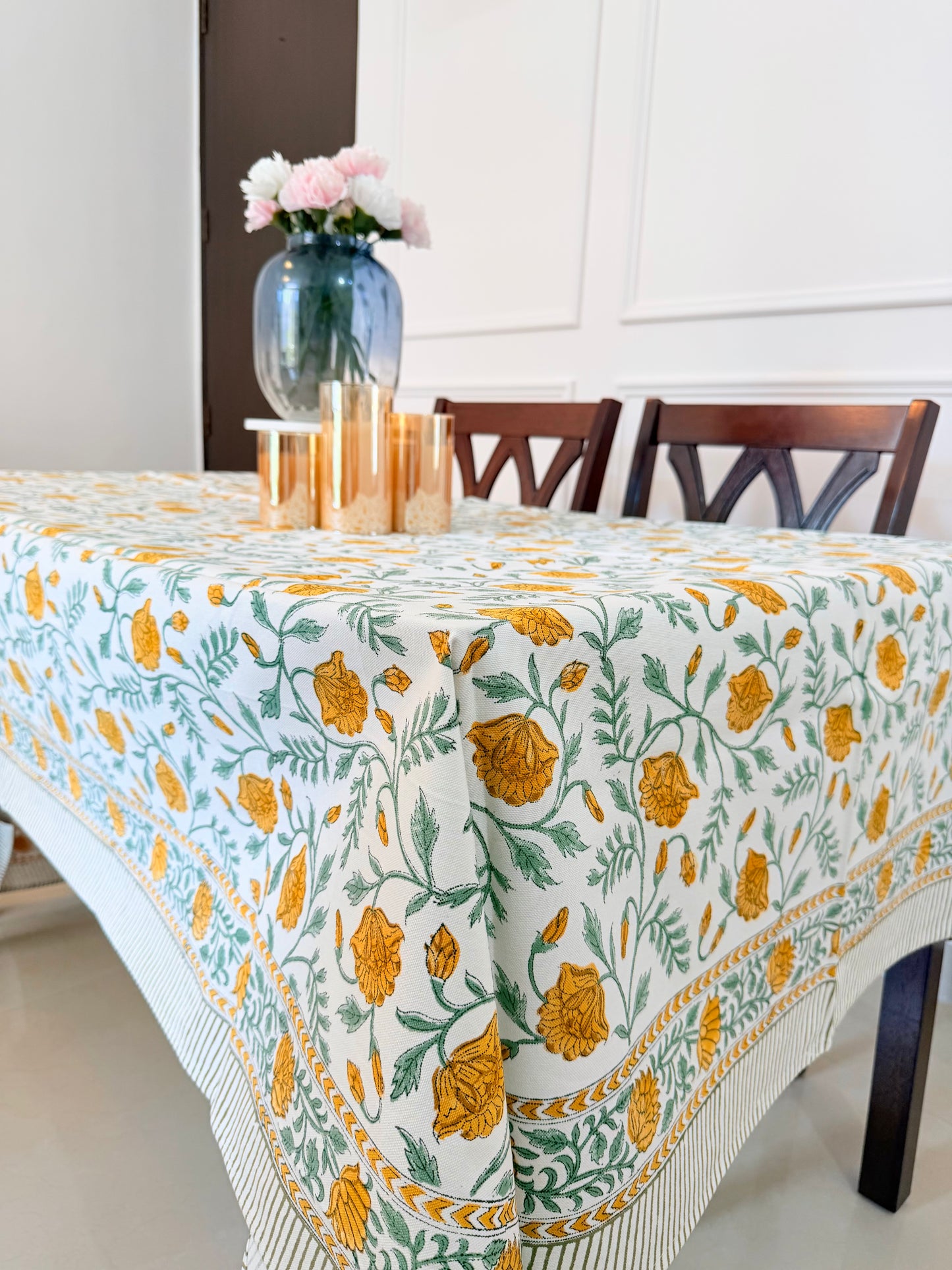 Yellow Daisy Handblock  Printed Table Cover (6 Seater)