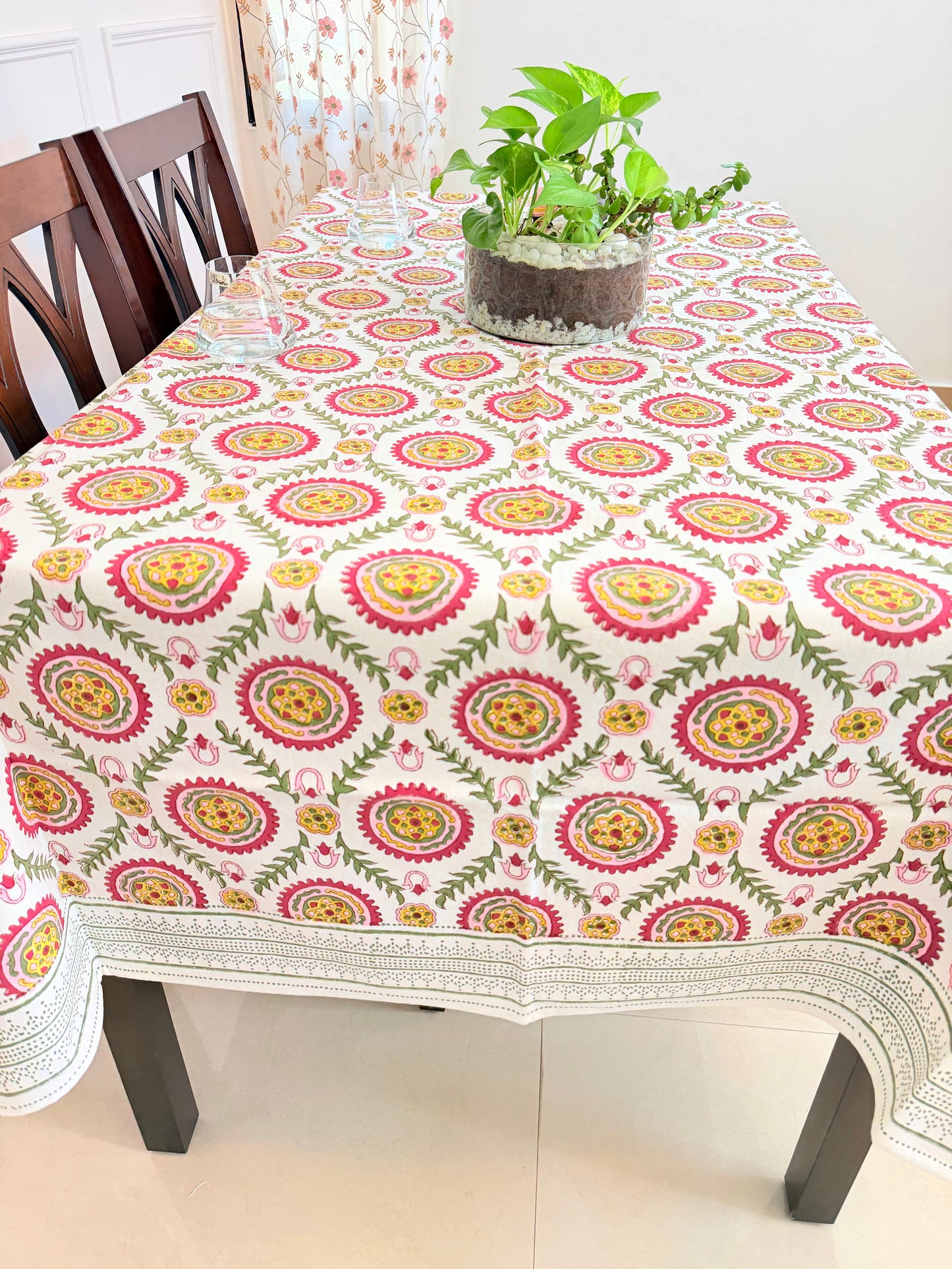 Petal Pink Handblock  Printed Table Cover (6 Seater)