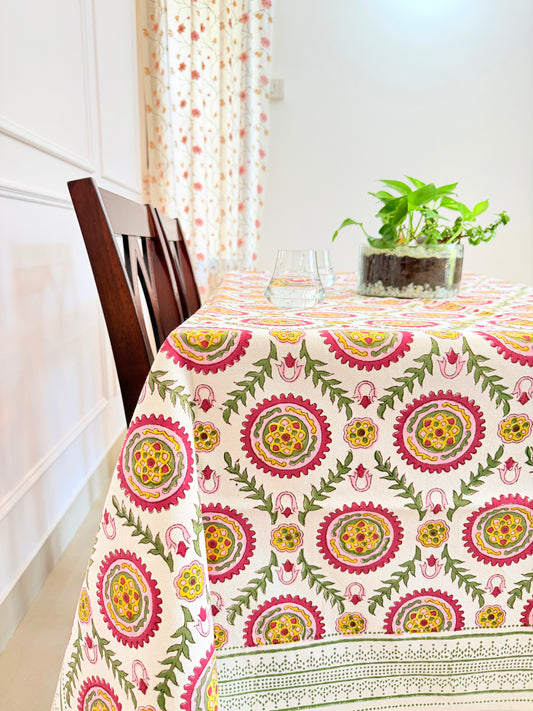 Petal Pink Handblock  Printed Table Cover (6 Seater)